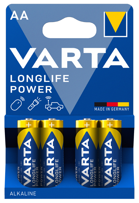 Batterie Alcaline Varta Longlife Power AA - 4 pezzi - Batterie alcaline AA ad alte prestazioni per dispositivi ortopedici garantiscono energia affidabile e duratura.
