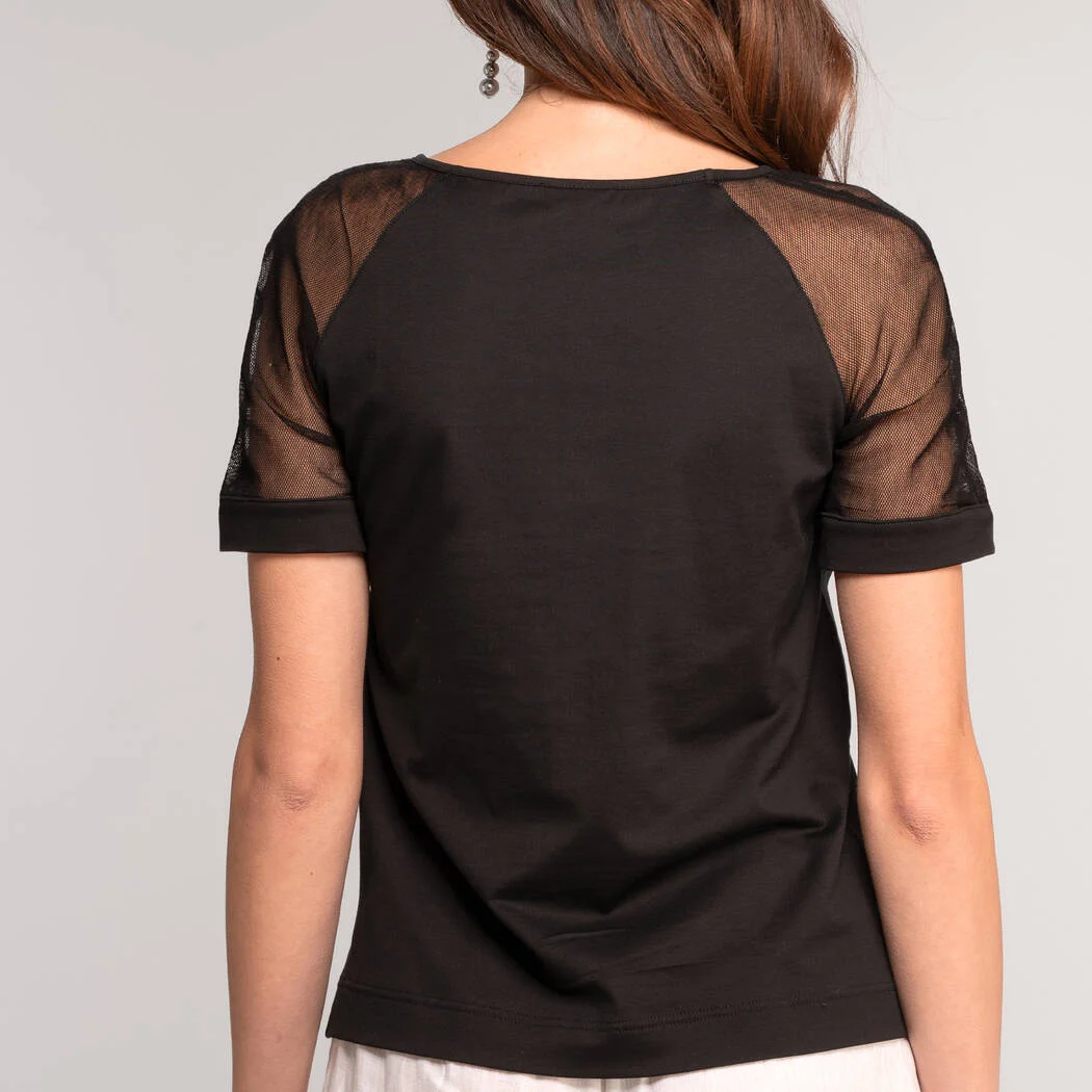 T-shirt girocollo OSCALITO 7723 M/C JERSI COTONE + TULLE - Eleganza e comfort in una maglia che sposa cotone e tulle. - Immagine 3